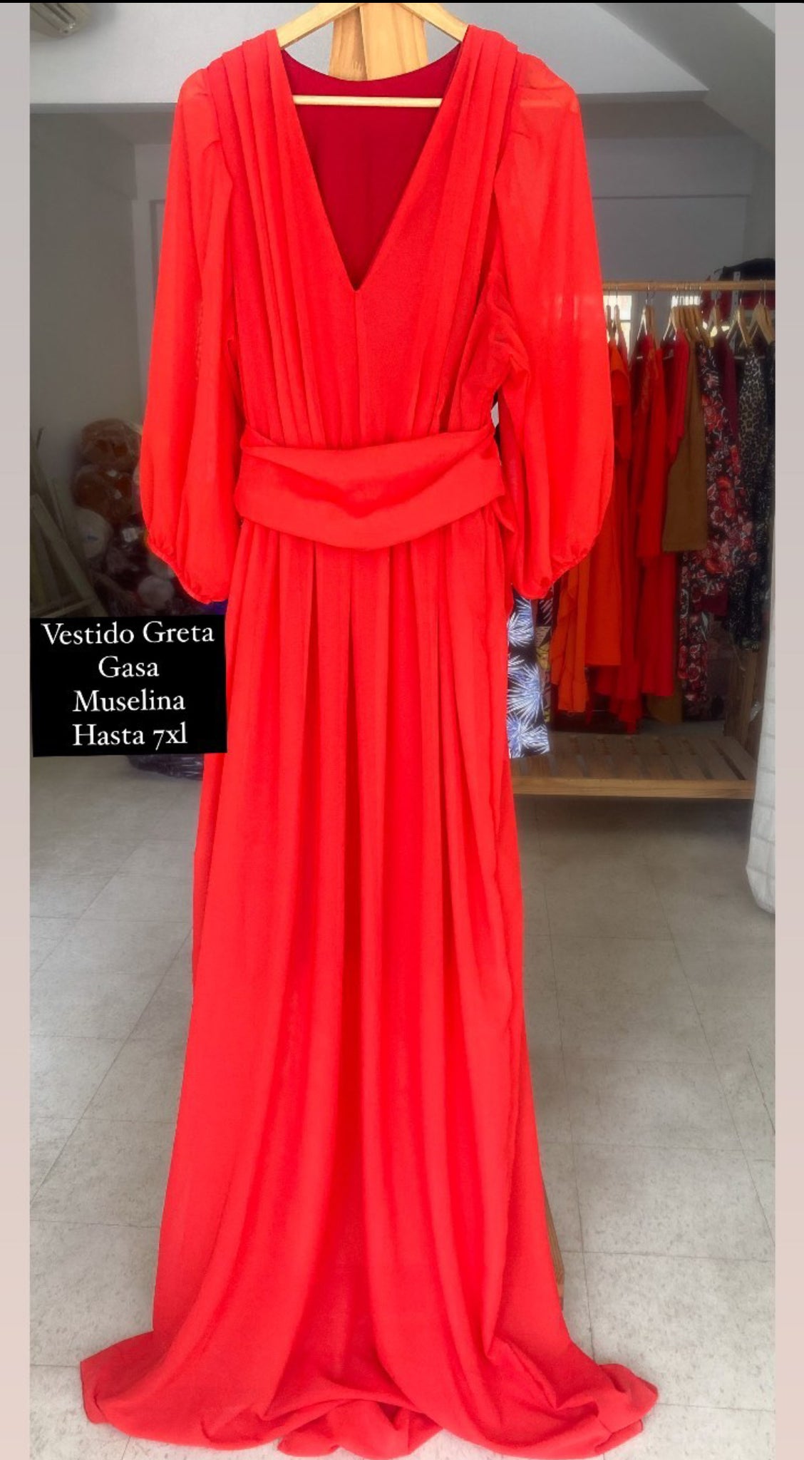 Vestido Greta gasa muselina drapeado rojo fs