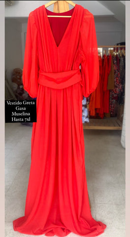 Vestido Greta gasa muselina drapeado rojo fs